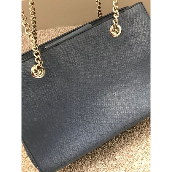 Guess Tote Bag in Blue with Basket Weave Front and Chain Handles - Picture 3 of 7